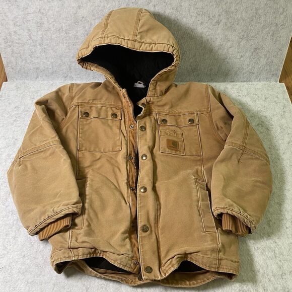 Carhartt Jacket Kids Medium (10-12) Youth Brown Hooded Quilt Lined Distressed - Picture 1 of 16